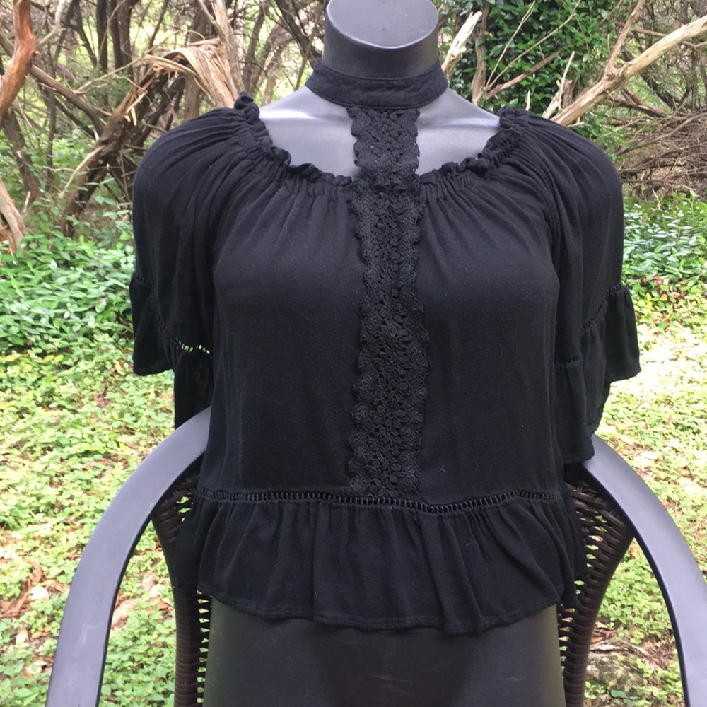 Sexy Button Neck Black Blouse